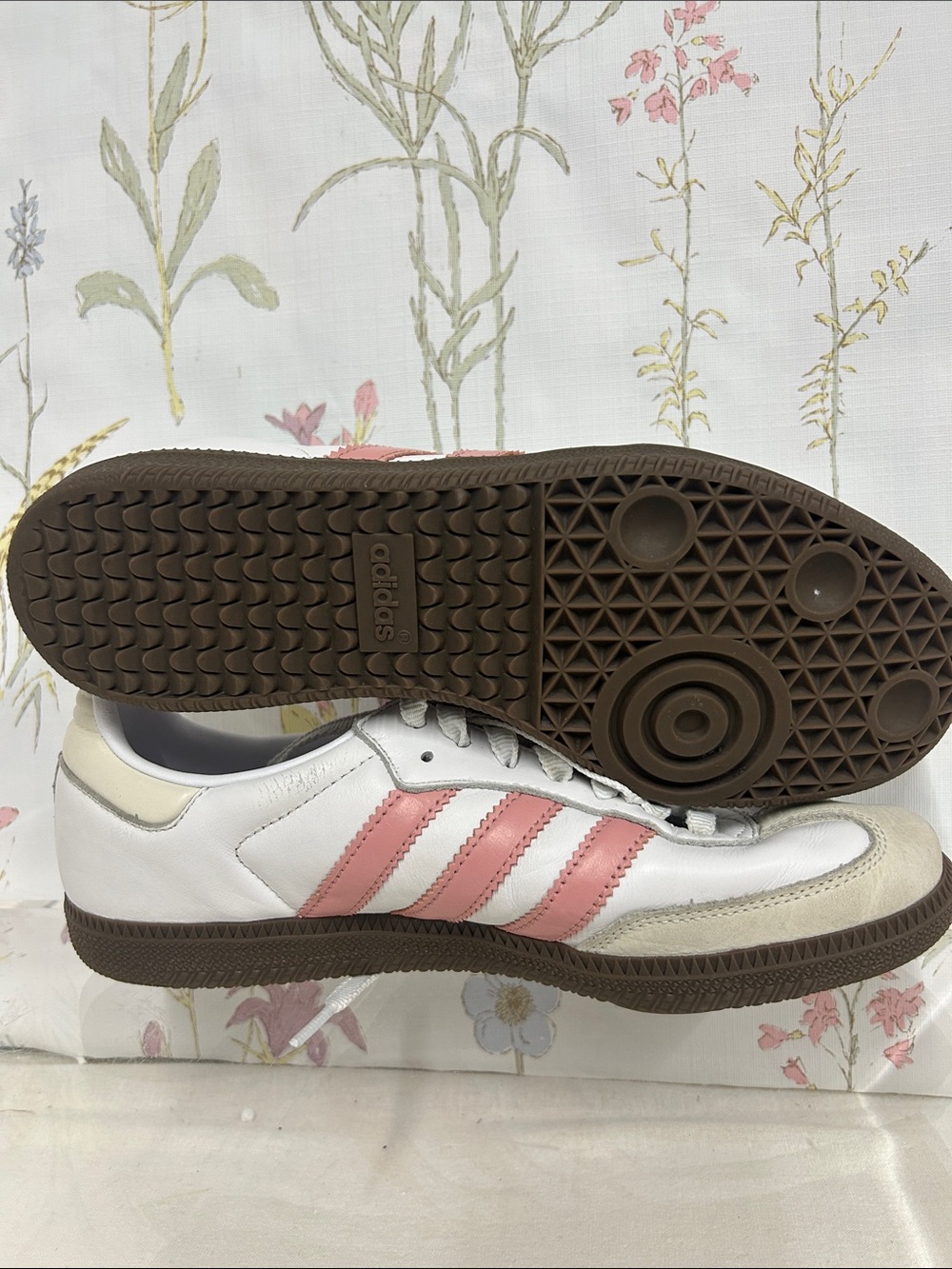 adidas Samba Sneakers - White with Pink Stripes and Brown Sole - Picture 12 of 14